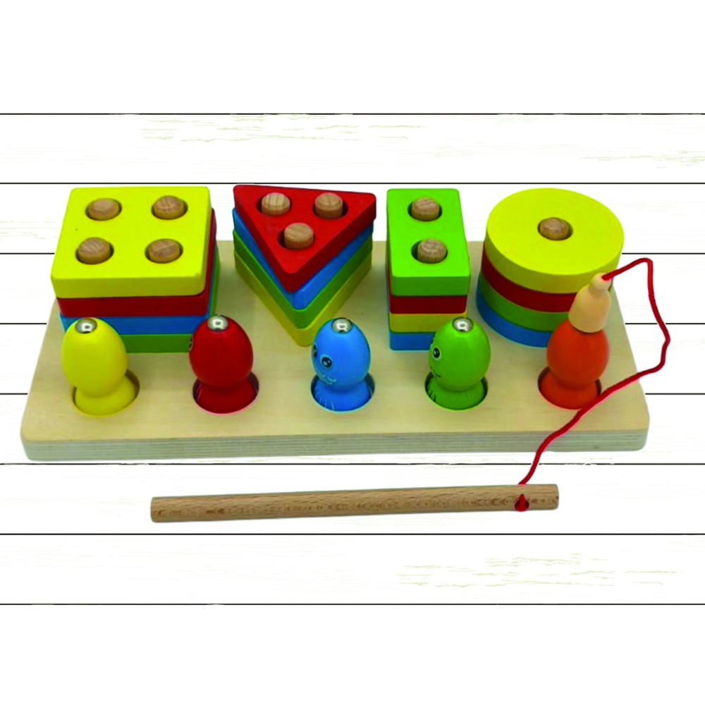 Wooden Shape Sorter, Stacking Blocks & Magnetic Fishing Game