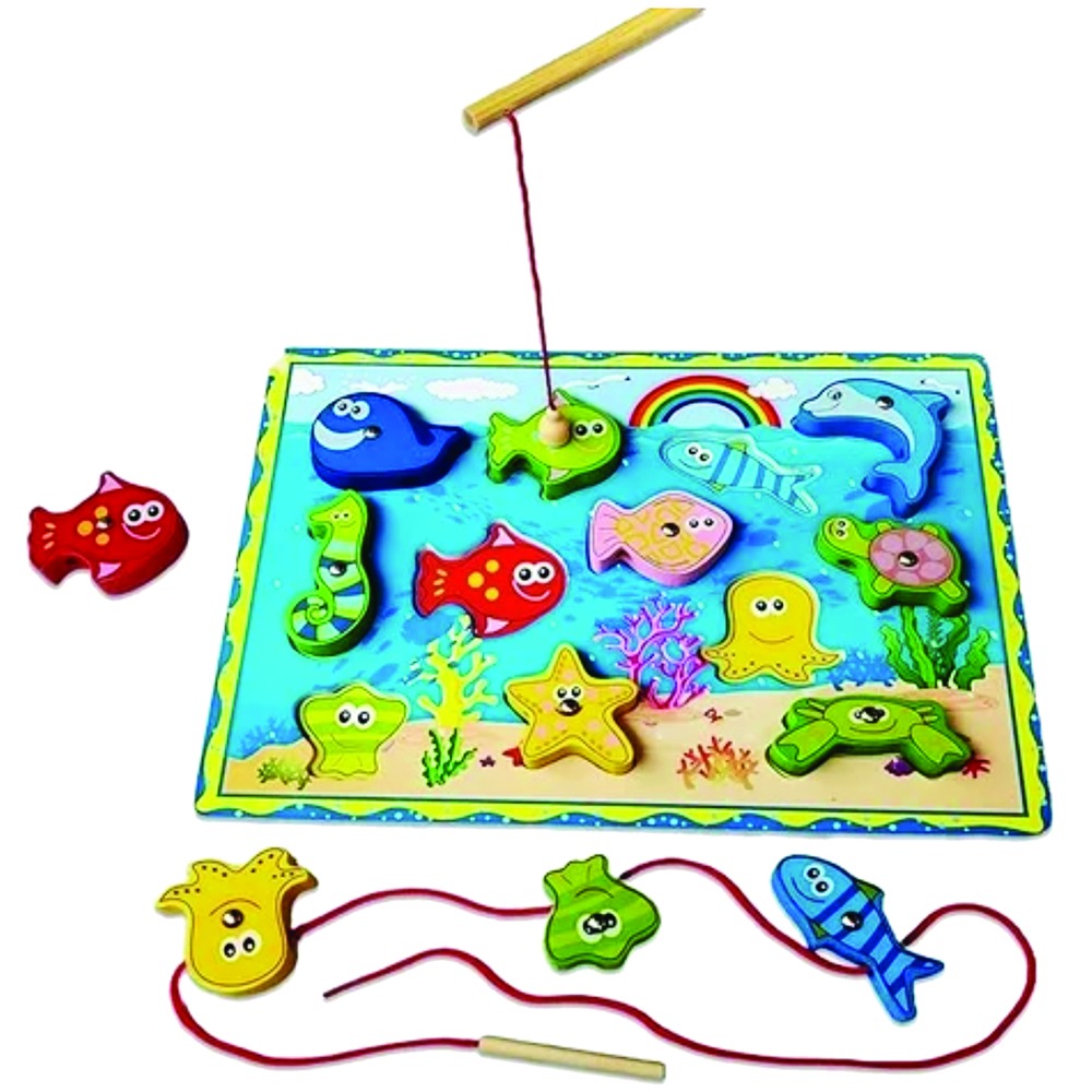 Wooden Magnetic Fishing & Thread Lacing Activity Board for Kids