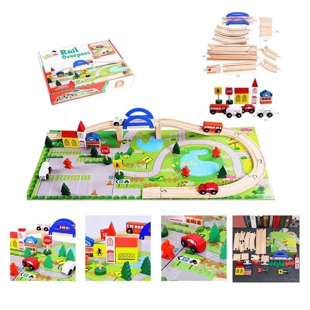 Wooden Rail Overpass Train Track Set – 40 Pieces | Montessori Educational Train Toy for Kids