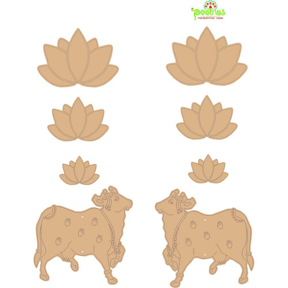 Wooden Pichwai Cow & Lotus Pre-Marked Bases_Set of 2 | DIY Painting Kit