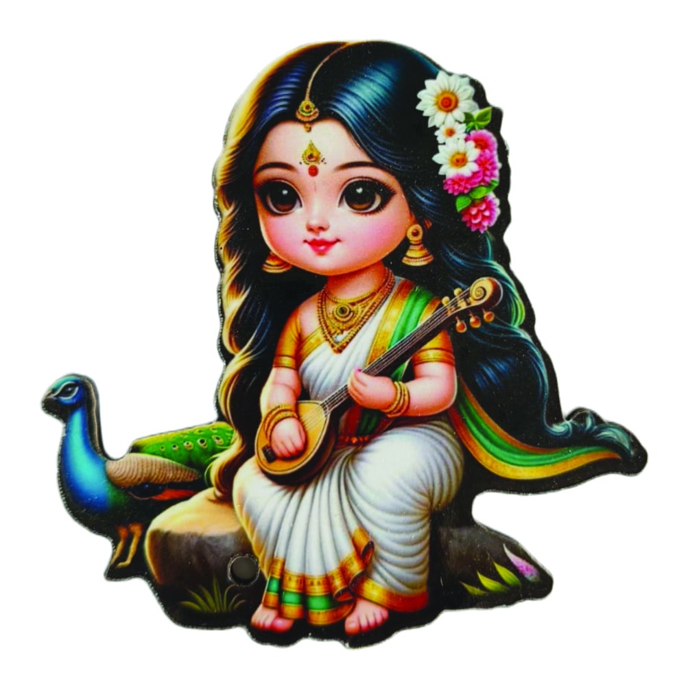 Cute Goddess Saraswati Wooden Decorative Fridge Magnet | Divine Gifts