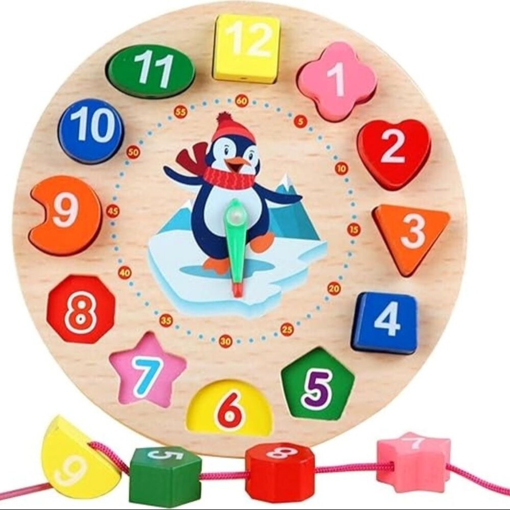 Wooden Shape Clock Puzzle Board with Lacing