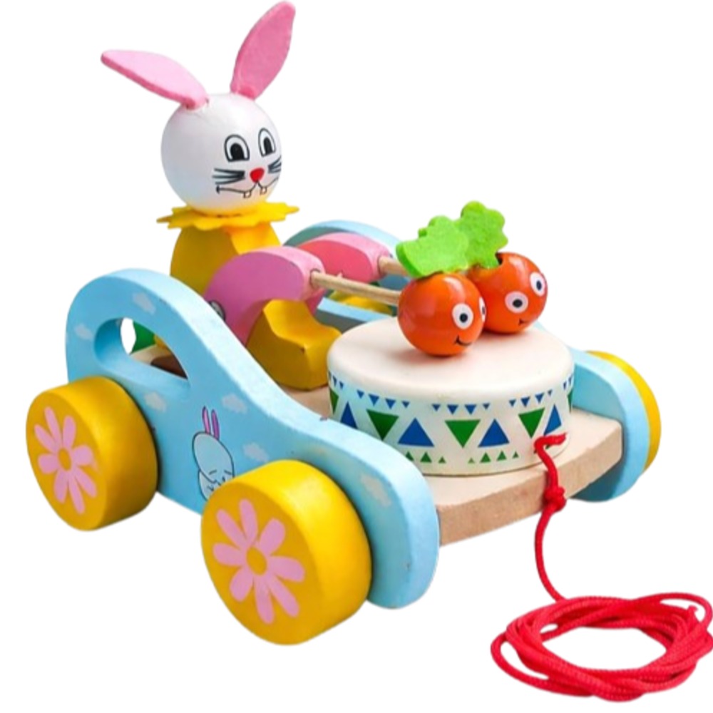 Wooden bunny with drums pull along toy
