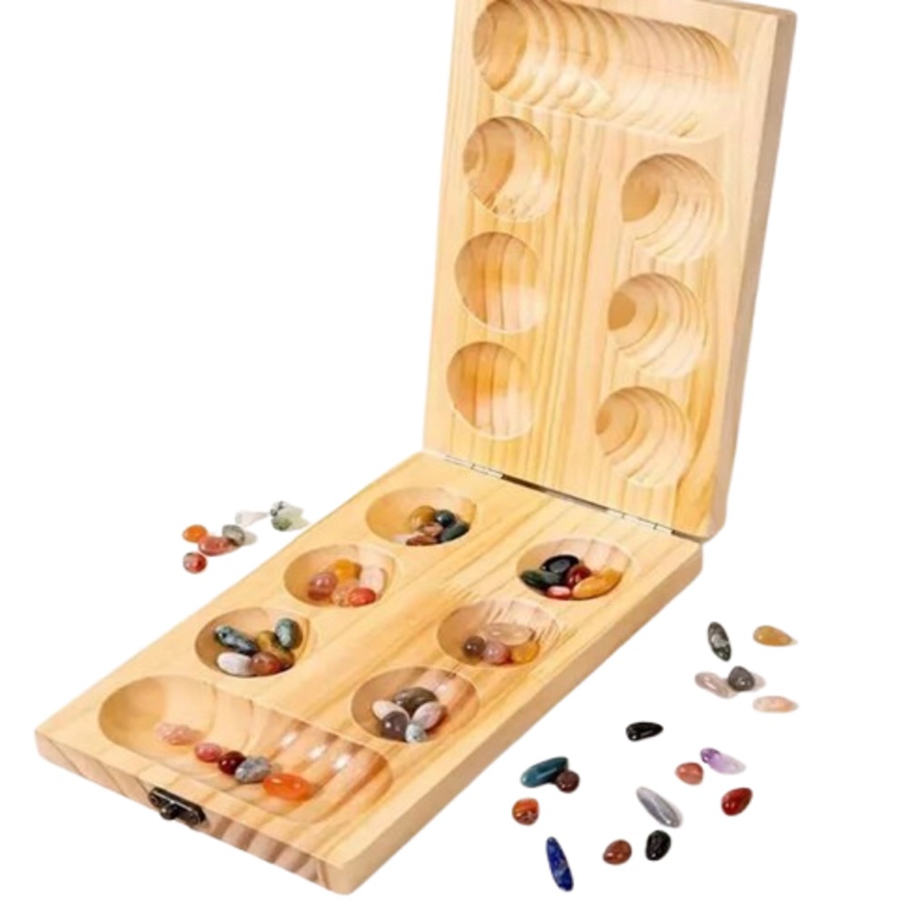 Wooden Mancala Board Game with Natural Gem Stones -Pallanguli