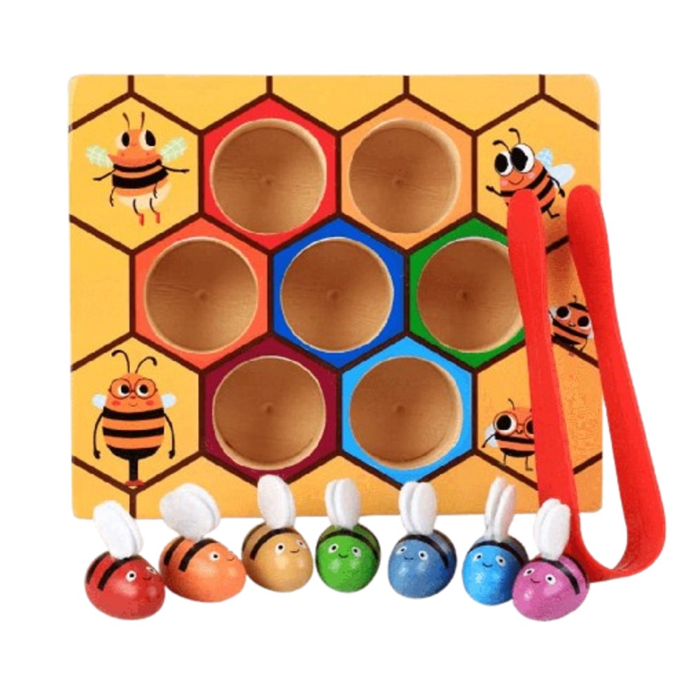Wooden Bee Color Sorting Game with Tweezers